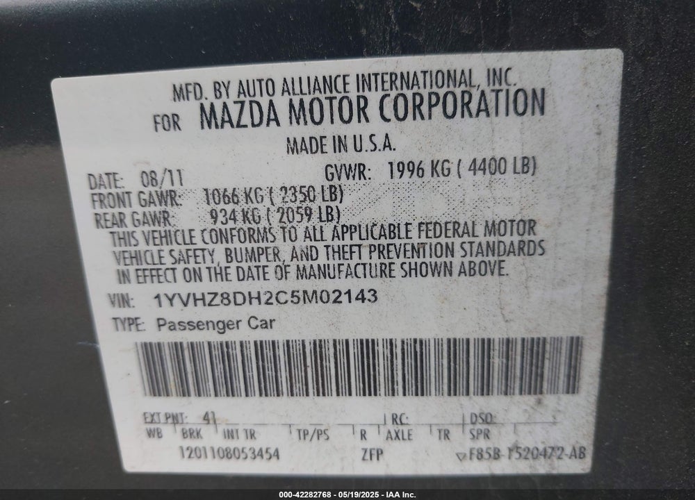 2012 MAZDA 6 I TOURING VIN: 1YVHZ8DH2C5M02143