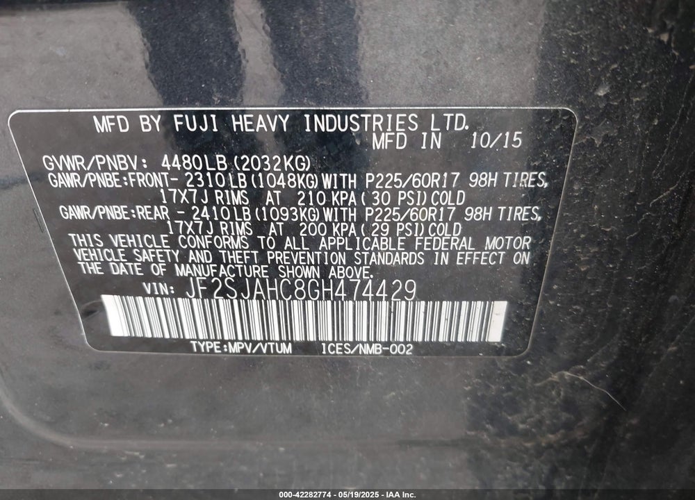 2016 SUBARU FORESTER VIN: JF2SJAHC8GH474429