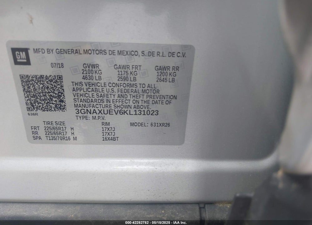 2019 CHEVROLET EQUINOX LT VIN: 3GNAXUEV6KL131023