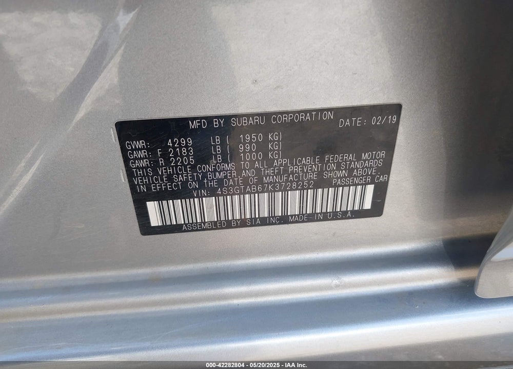 2019 SUBARU IMPREZA 2.0I VIN: 4S3GTAB67K3728252