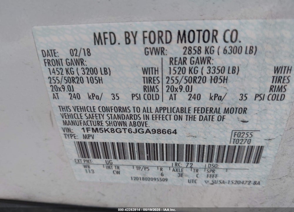2018 FORD EXPLORER SPORT VIN: 1FM5K8GT6JGA98664