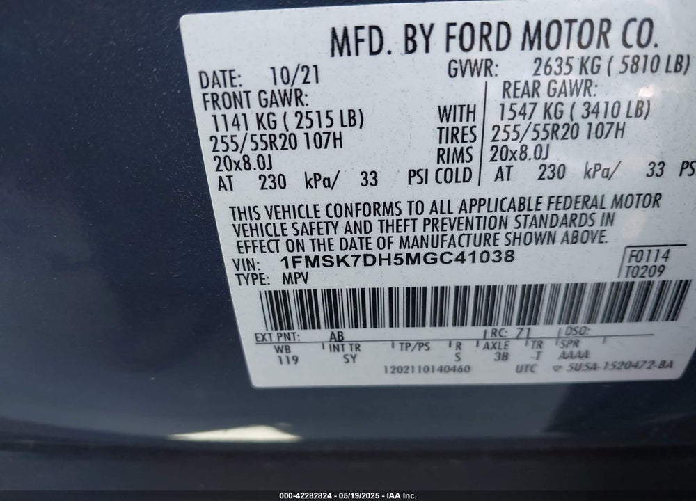 2021 FORD EXPLORER XLT VIN: 1FMSK7DH5MGC41038