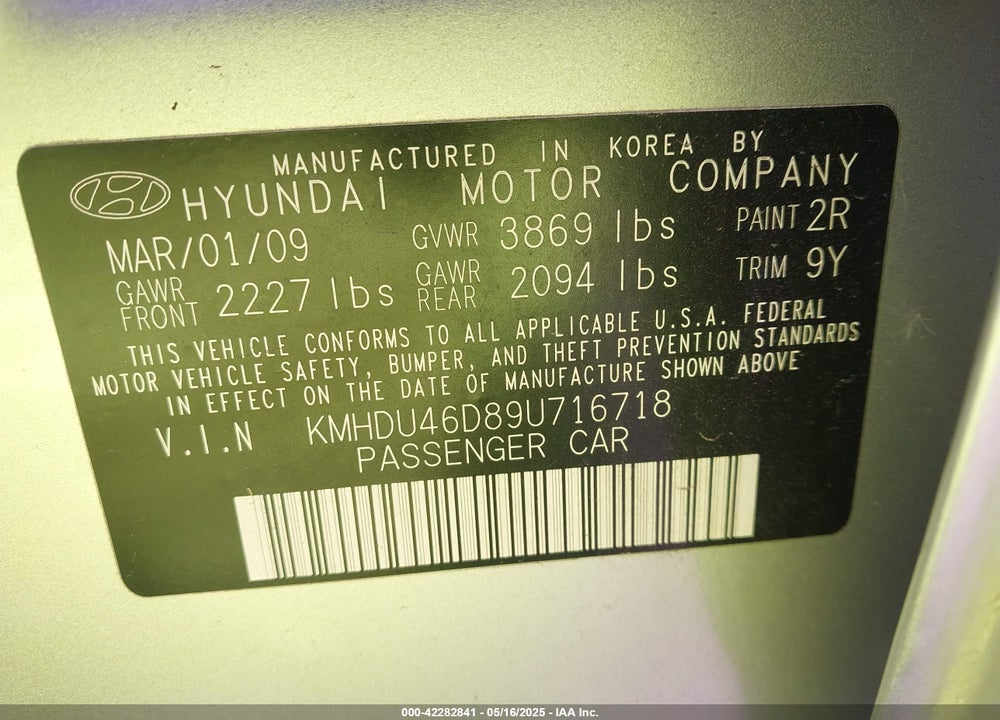 2009 HYUNDAI ELANTRA GLS VIN: KMHDU46D89U716718