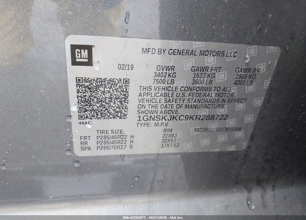 2019 CHEVROLET SUBURBAN VIN: 1GNSKJKC9KR288722