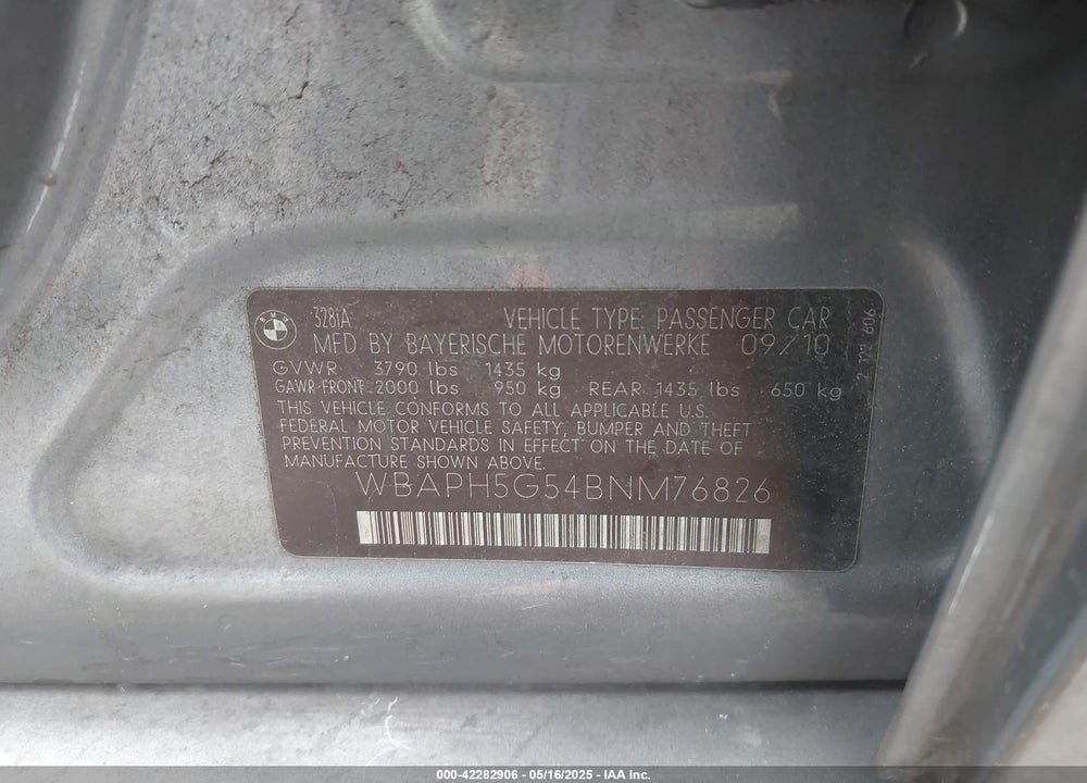 2011 BMW 328 VIN: WBAPH5G54BNM76826