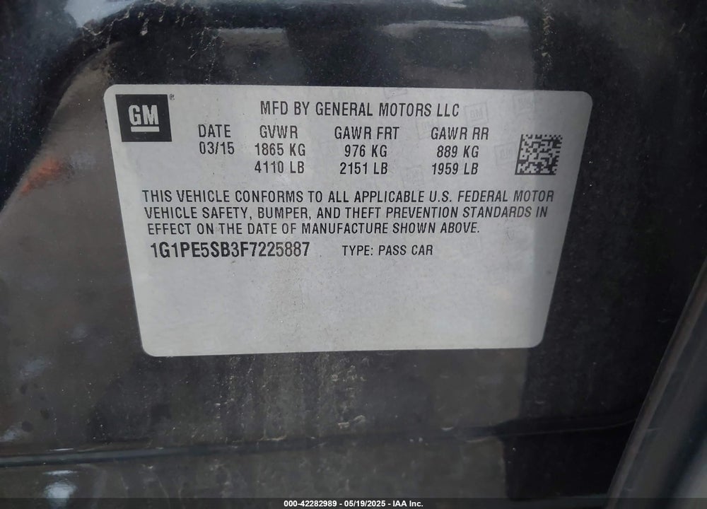 2015 CHEVROLET CRUZE VIN: 1G1PE5SB3F7225887