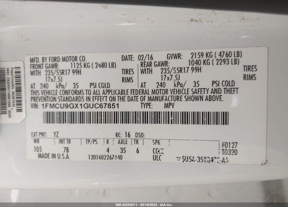2016 FORD ESCAPE SE VIN: 1FMCU9GX1GUC67851