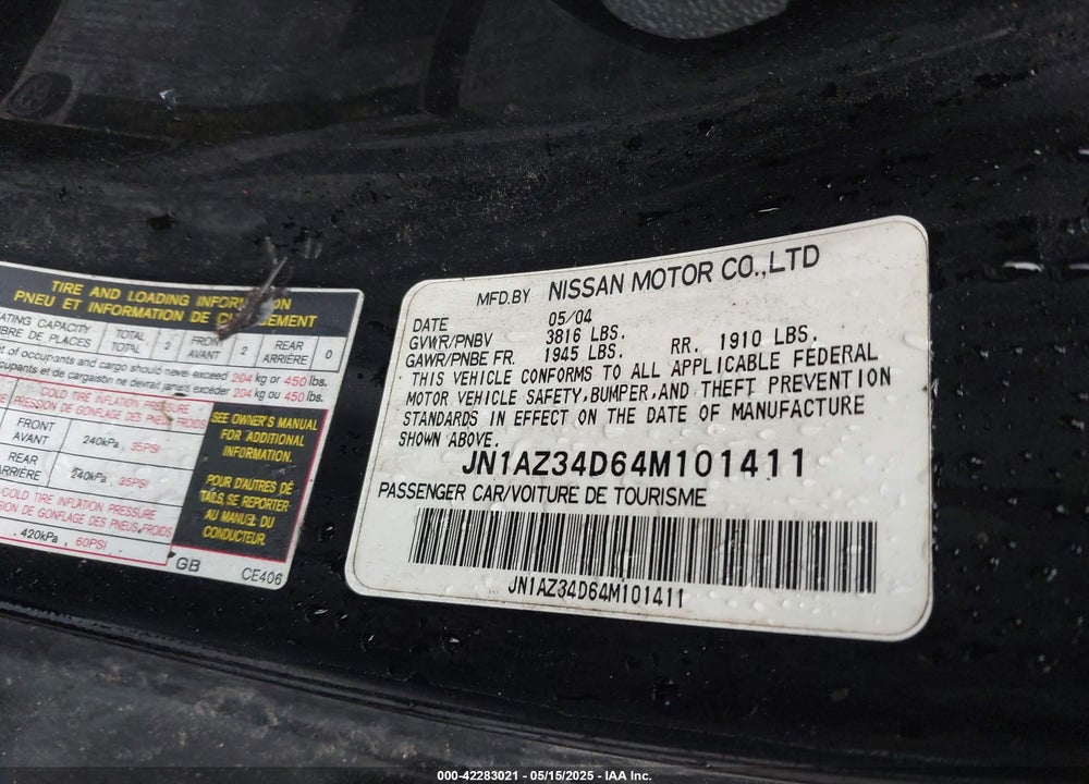2004 NISSAN 350Z TOURING VIN: JN1AZ34D64M101411