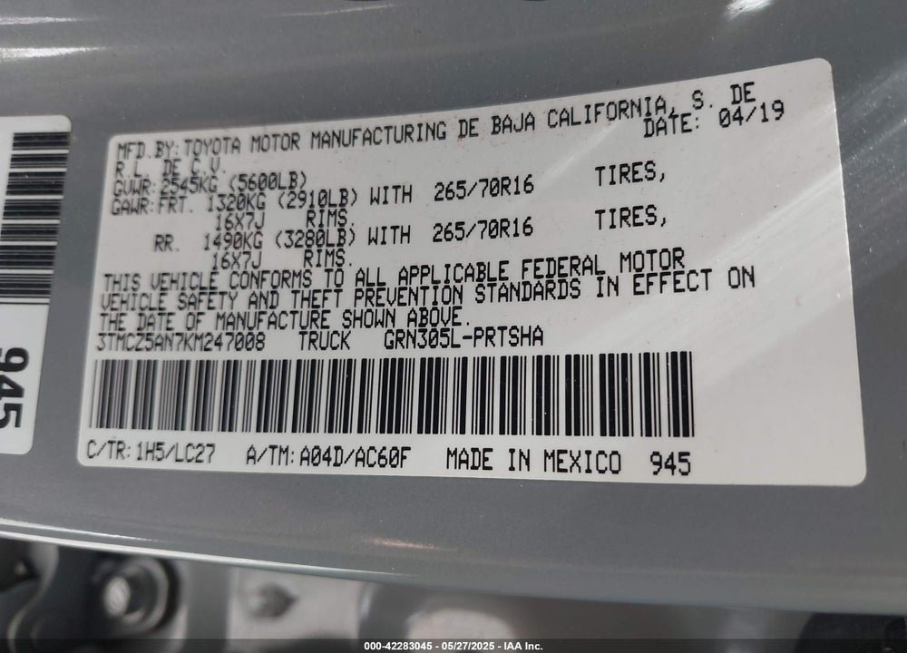 2019 TOYOTA TACOMA VIN: 3TMCZ5AN7KM247008