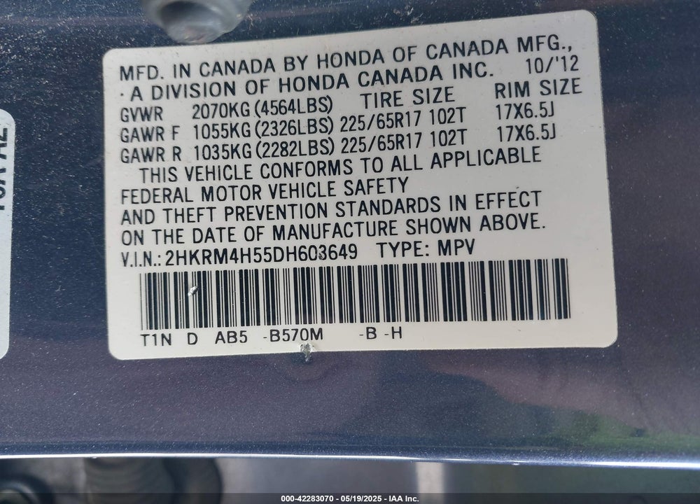 2013 HONDA CR-V VIN: 2HKRM4H55DH603649