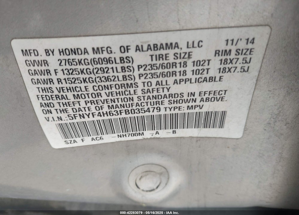 2015 HONDA PILOT VIN: 5FNYF4H63FB035479
