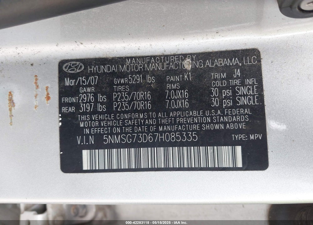 2007 HYUNDAI SANTA FE VIN: 5NMSG73D67H085335