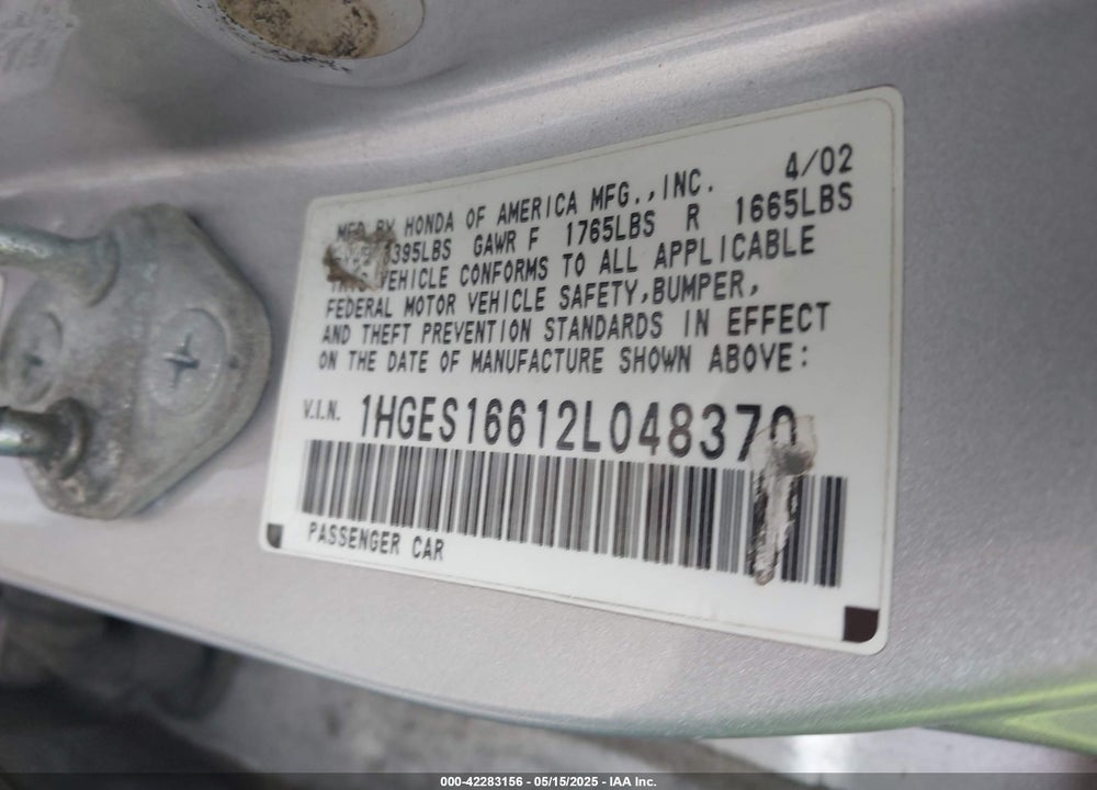 2002 HONDA CIVIC LX VIN: 1HGES16612L048370