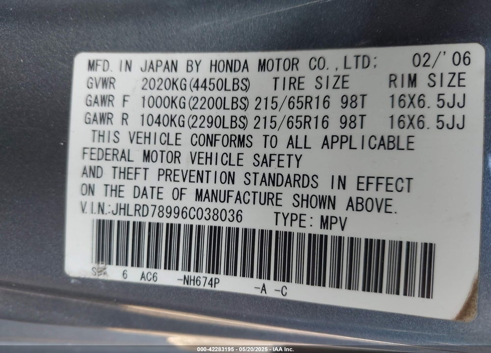 2006 HONDA CR-V SE VIN: JHLRD78996C038036