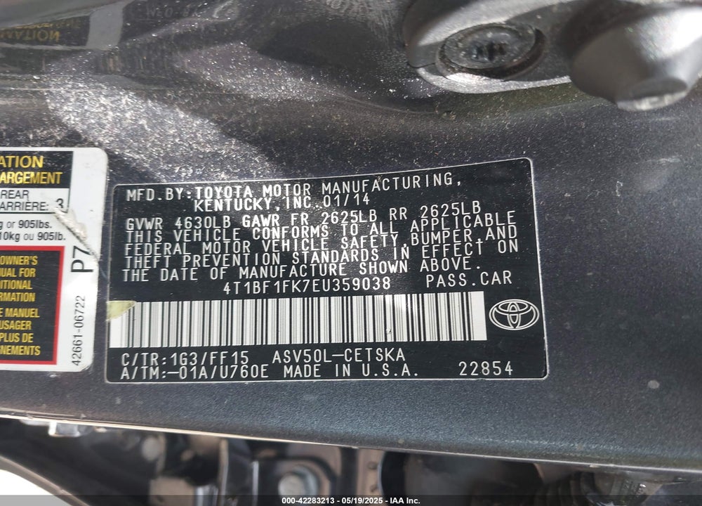 2014 TOYOTA CAMRY VIN: 4T1BF1FK7EU359038