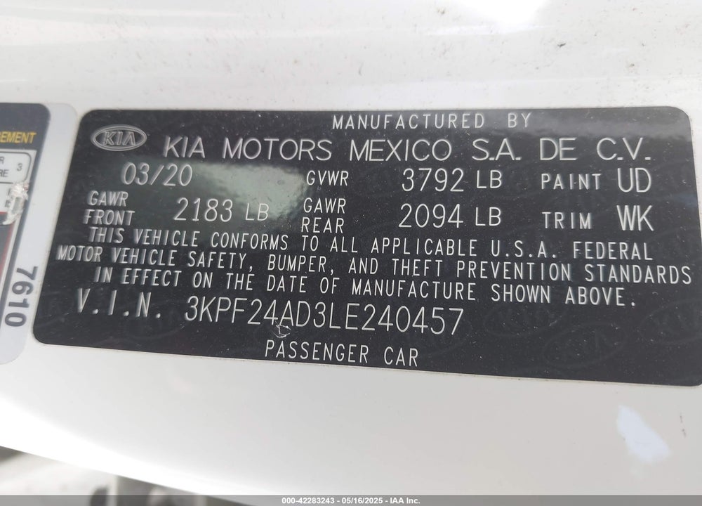 2020 KIA FORTE VIN: 3KPF24AD3LE240457