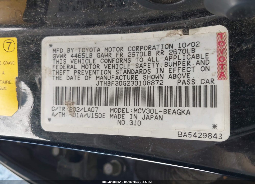 2003 LEXUS ES 300 VIN: JTHBF30G230108872