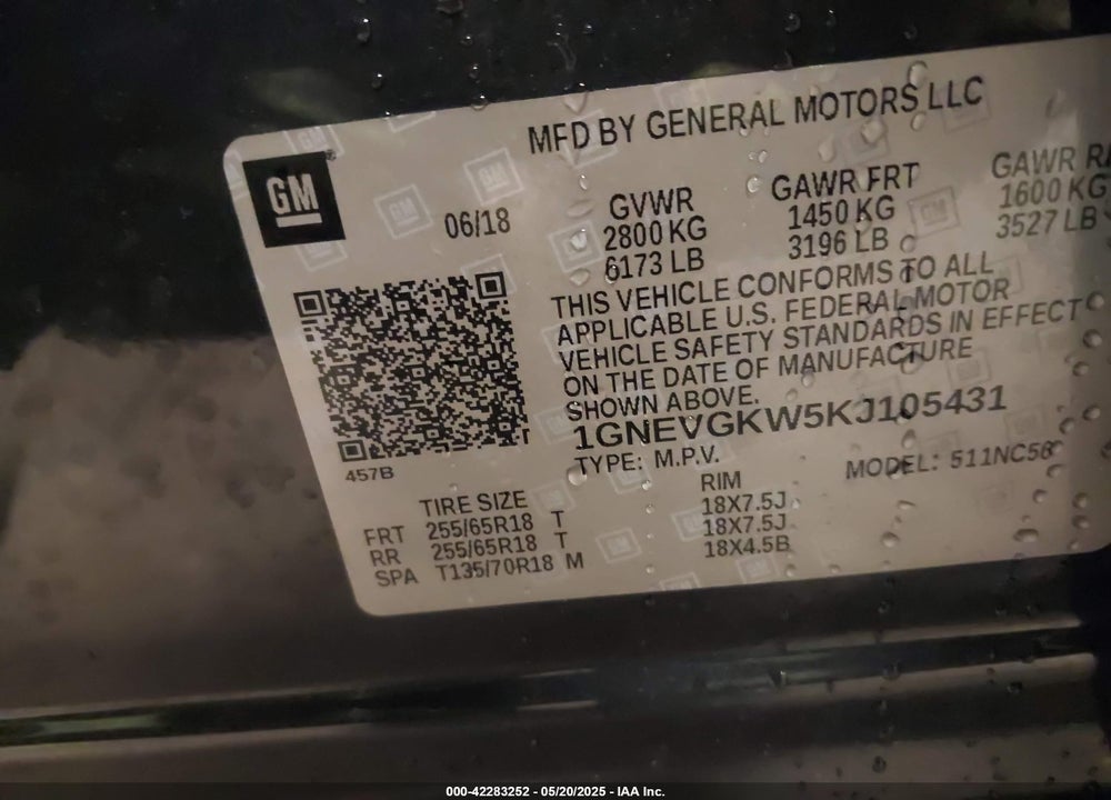 2019 CHEVROLET TRAVERSE 1LT VIN: 1GNEVGKW5KJ105431