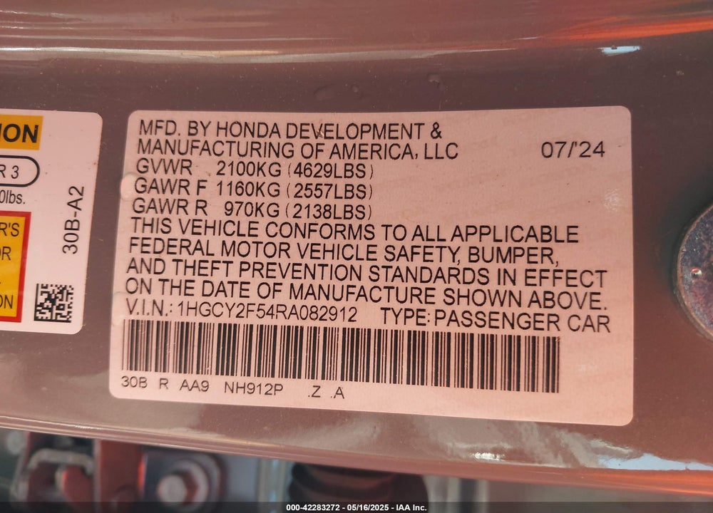 2024 HONDA ACCORD VIN: 1HGCY2F54RA082912