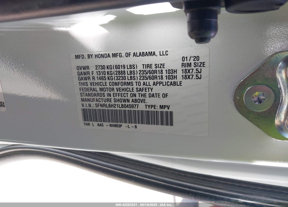 2020 HONDA ODYSSEY LX VIN: 5FNRL6H21LB045977