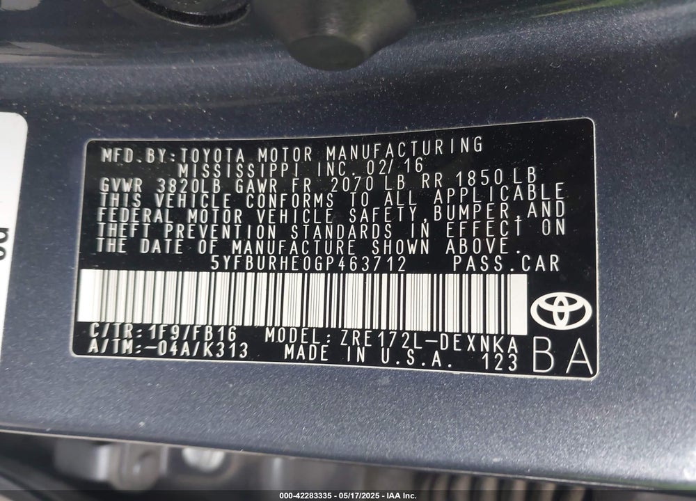 2016 TOYOTA COROLLA LE PLUS VIN: 5YFBURHE0GP463712