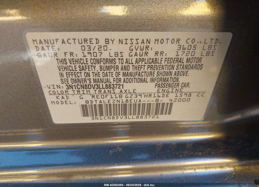 2020 NISSAN VERSA S XTRONIC CVT VIN: 3N1CN8DV3LL883721