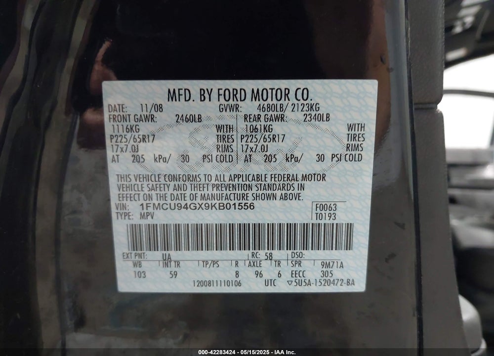 2009 FORD ESCAPE LIMITED VIN: 1FMCU94GX9KB01556