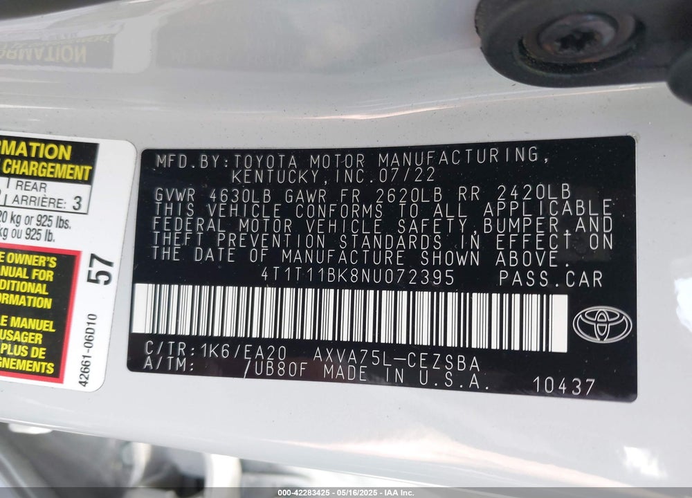 2022 TOYOTA CAMRY VIN: 4T1T11BK8NU072395