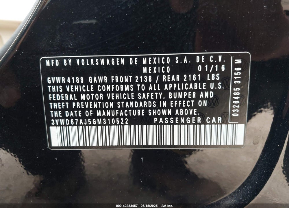 2016 VOLKSWAGEN JETTA VIN: 3VWD67AJ5GM310522