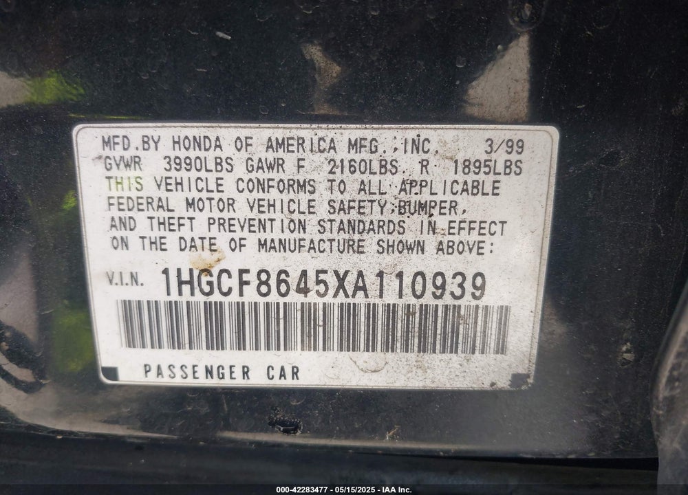 1999 HONDA ACCORD DX VIN: 1HGCF8645XA110939