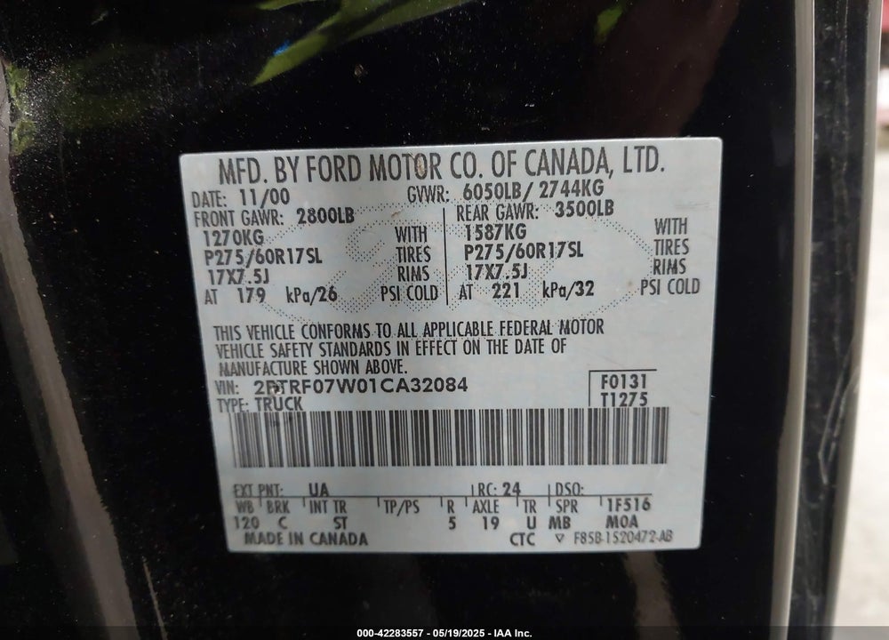 2001 FORD F-150 XL/XLT VIN: 2FTRF07W01CA32084