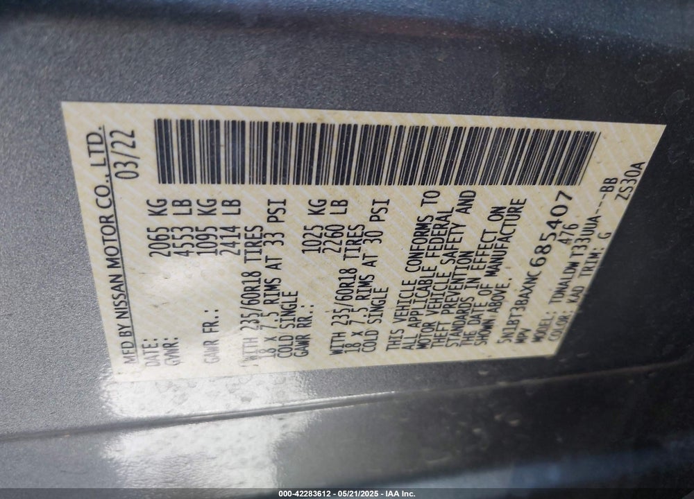2022 NISSAN ROGUE VIN: 5N1BT3BAXNC685407
