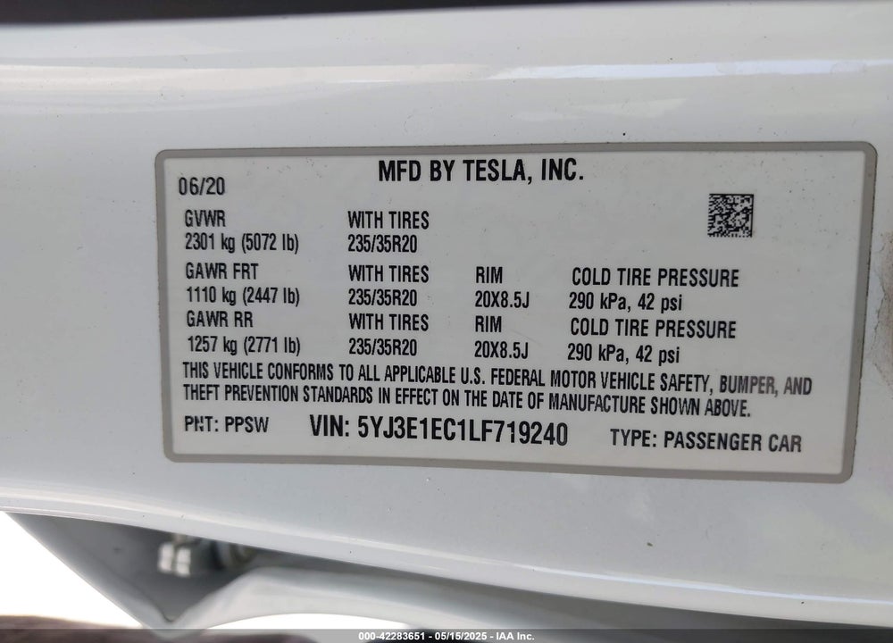 2020 TESLA MODEL 3 PERFORMANCE DUAL MOTOR ALL-WHEEL DRIVE VIN: 5YJ3E1EC1LF719240