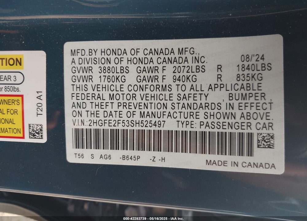 2025 HONDA CIVIC SPORT VIN: 2HGFE2F53SH525497