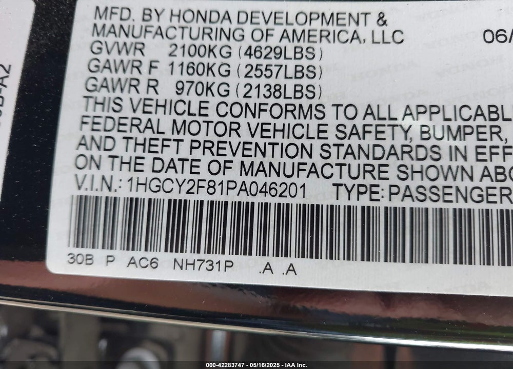 2023 HONDA ACCORD VIN: 1HGCY2F81PA046201