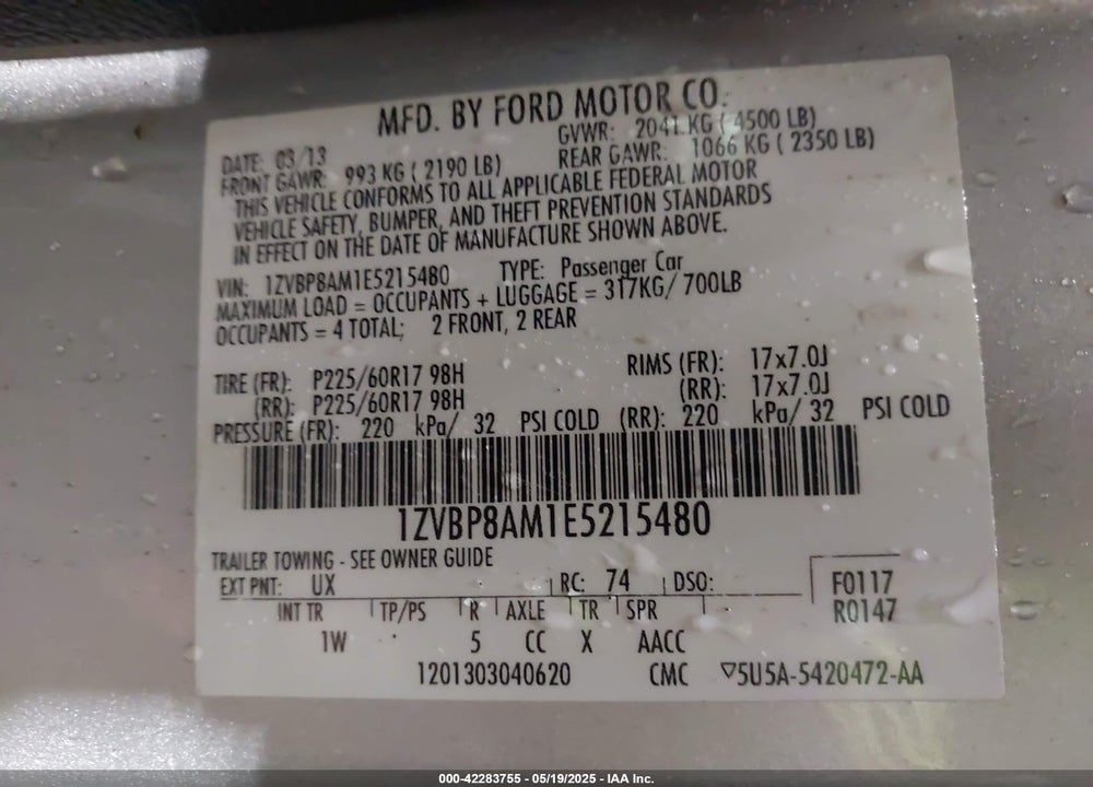 2014 FORD MUSTANG VIN: 1ZVBP8AM1E5215480