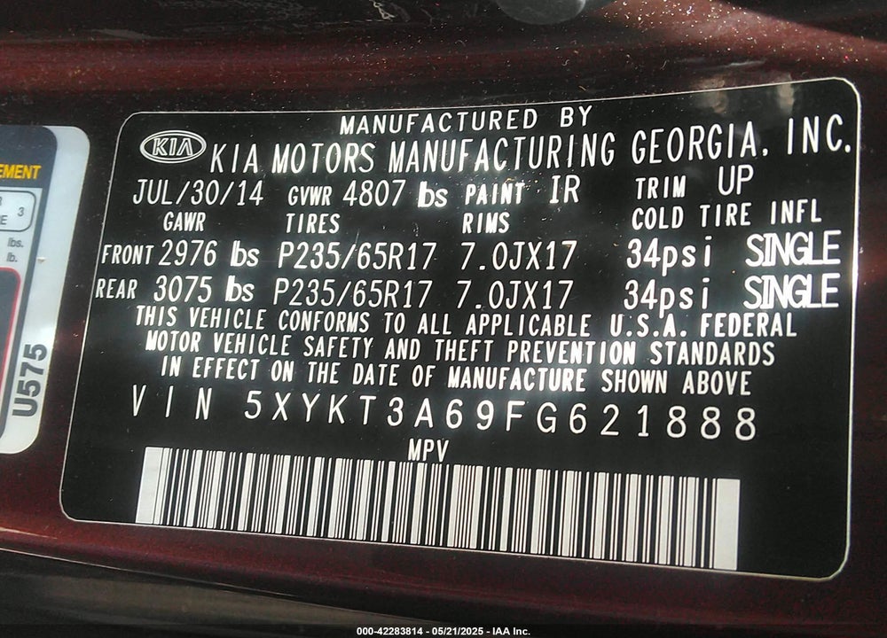 2015 KIA SORENTO VIN: 5XYKT3A69FG621888
