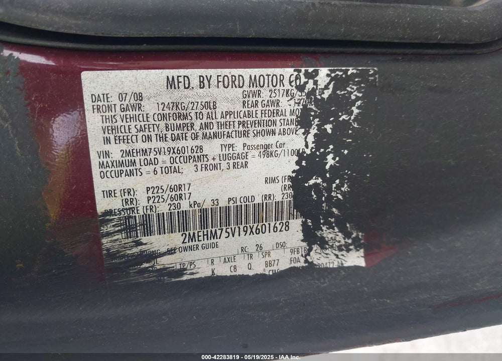 2009 MERCURY GRAND MARQUIS VIN: 2MEHM75V19X601628
