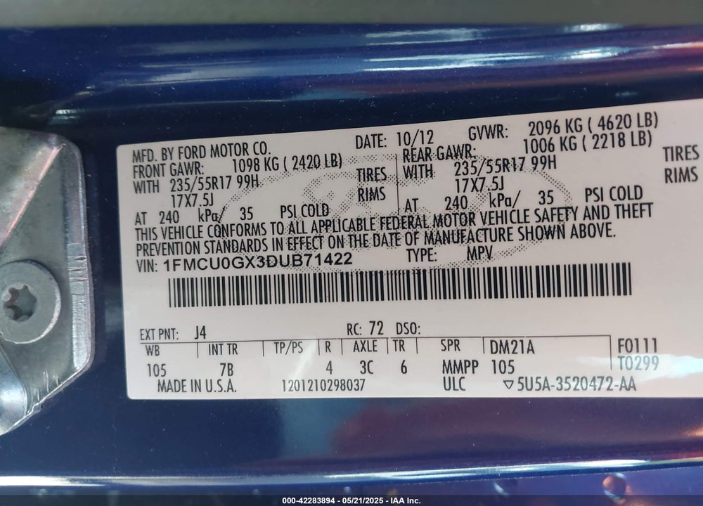 2013 FORD ESCAPE VIN: 1FMCU0GX3DUB71422