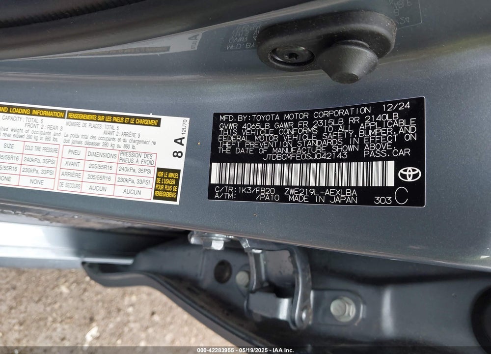 2025 TOYOTA COROLLA HYBRID LE VIN: JTDBCMFE0SJ042143