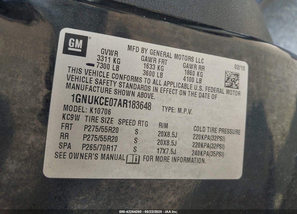 2010 CHEVROLET TAHOE LTZ VIN: 1GNUKCE07AR183648