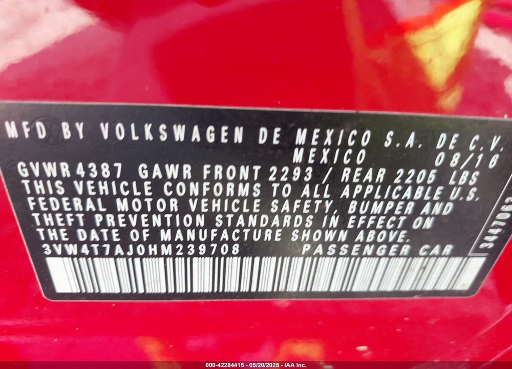 2017 VOLKSWAGEN JETTA VIN: 3VW4T7AJ0HM239708