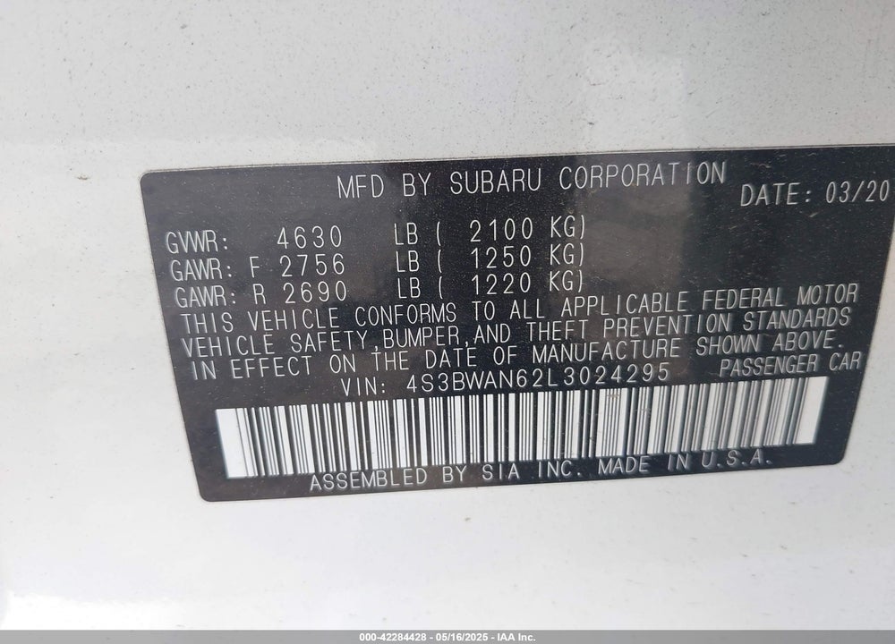 2020 SUBARU LEGACY LIMITED VIN: 4S3BWAN62L3024295