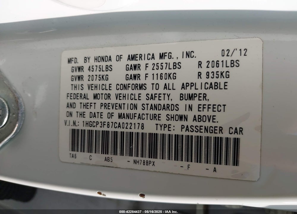 2012 HONDA ACCORD VIN: 1HGCP3F87CA022178