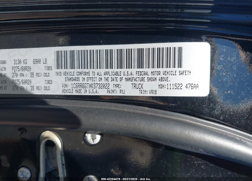 2019 RAM 1500 CLASSIC WARLOCK  4X2 6'4 BOX VIN: 1C6RR6GTXKS732022