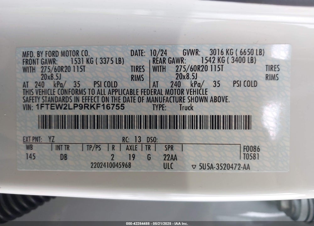 2024 FORD F-150 VIN: 1FTEW2LP9RKF16755