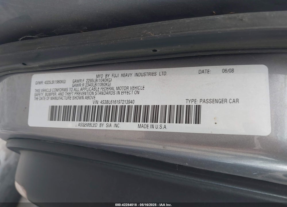 2009 SUBARU LEGACY VIN: 4S3BL616197213940