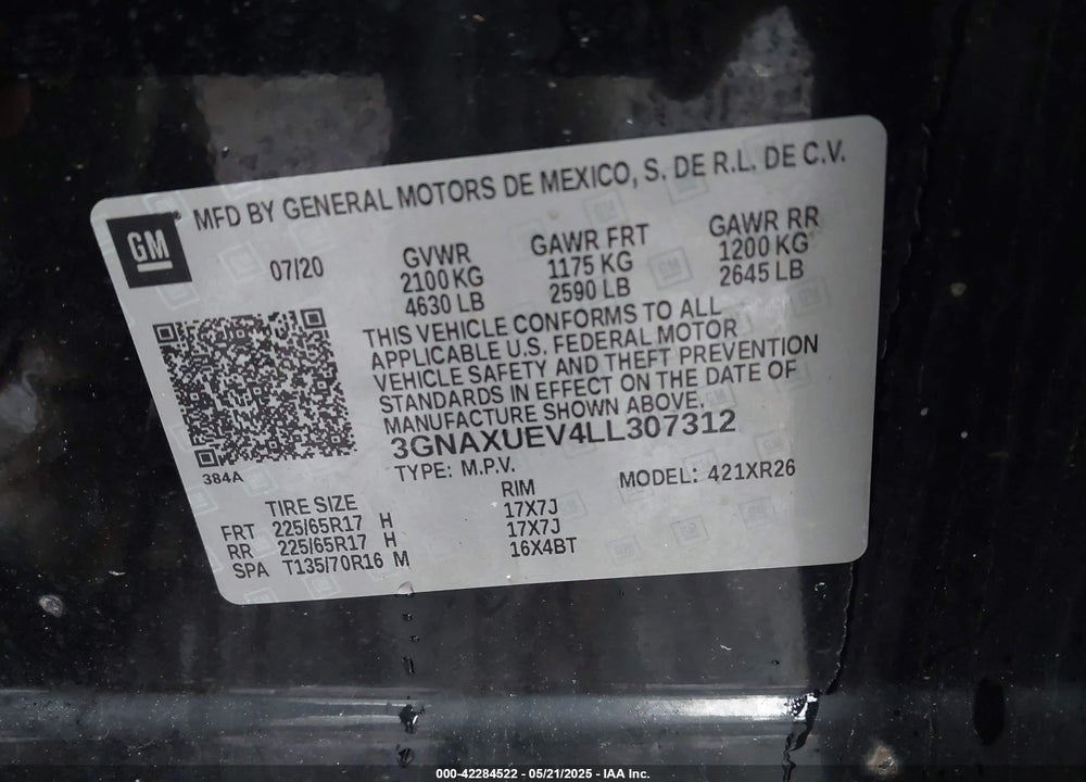 2020 CHEVROLET EQUINOX VIN: 3GNAXUEV4LL307312