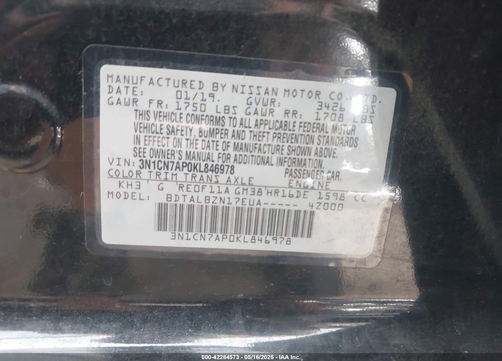 2019 NISSAN VERSA VIN: 3N1CN7AP0KL846978