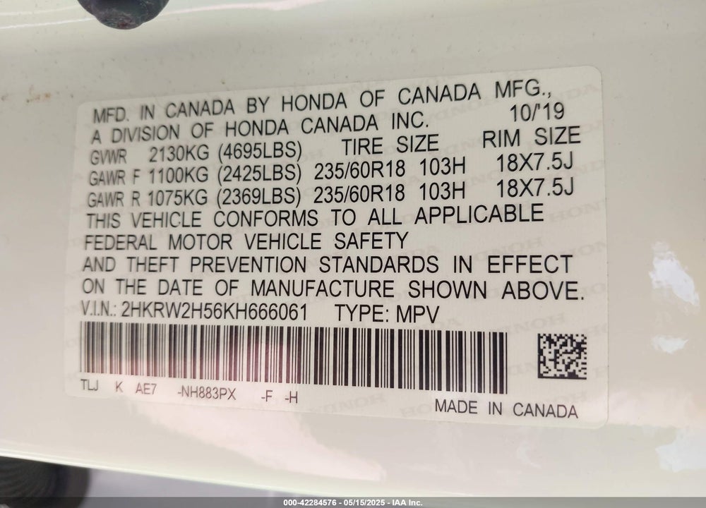 2019 HONDA CR-V VIN: 2HKRW2H56KH666061